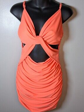 Y2k Style AKIRA Neon Coral Twist-Front Ruched Cut-Out Bodycon Mini Dress